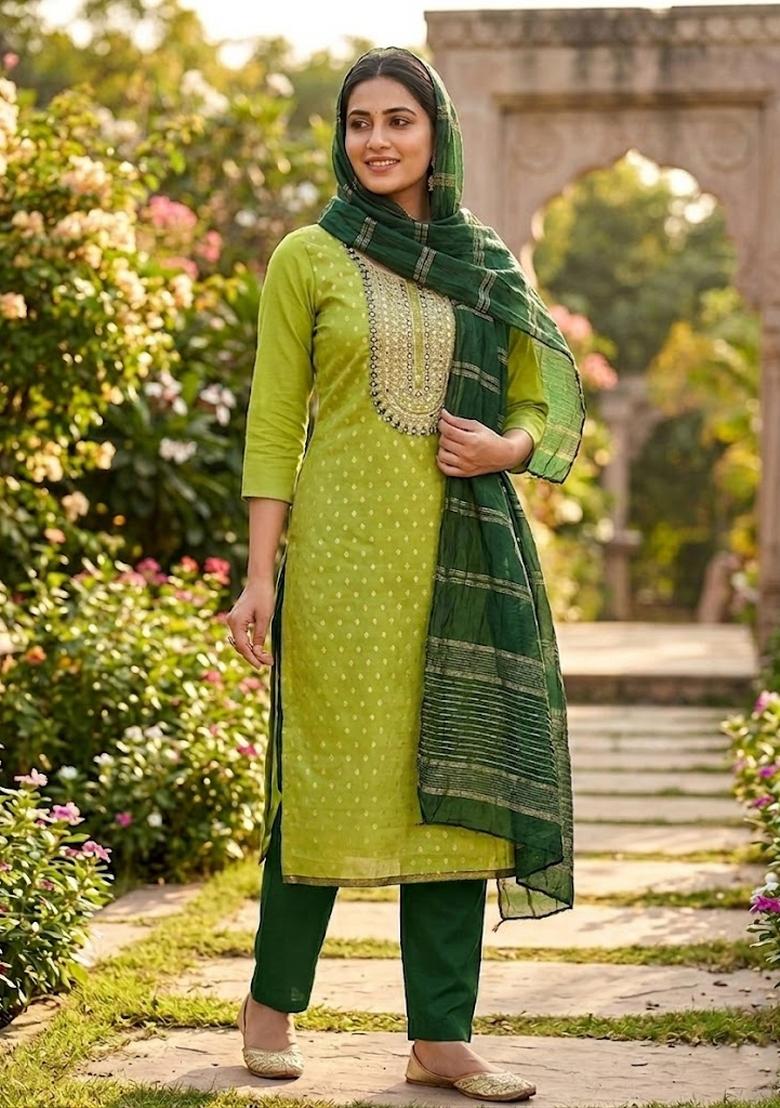 Parrot Green Embroidery Shimmer Salwar Kameez - Indya