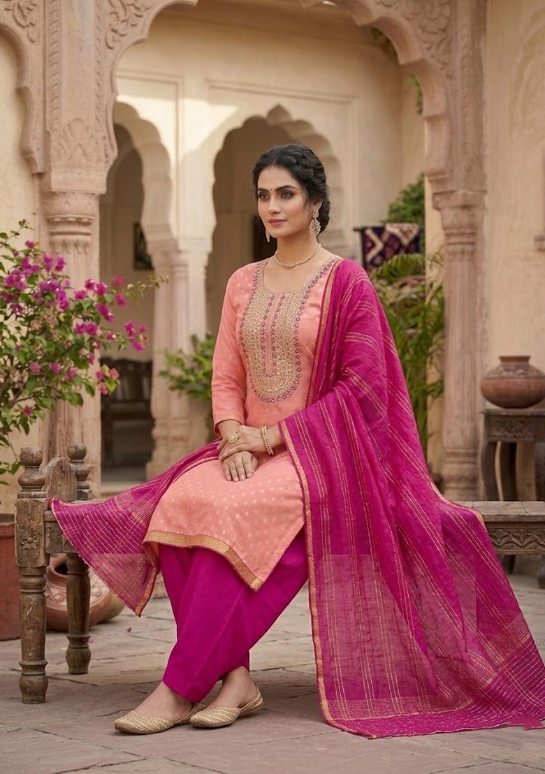 Peach Embroidery Shimmer Salwar Kameez - Indya