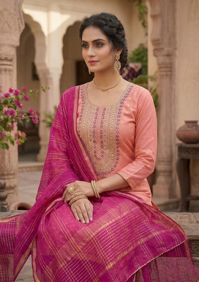 Peach Embroidery Shimmer Salwar Kameez - Indya