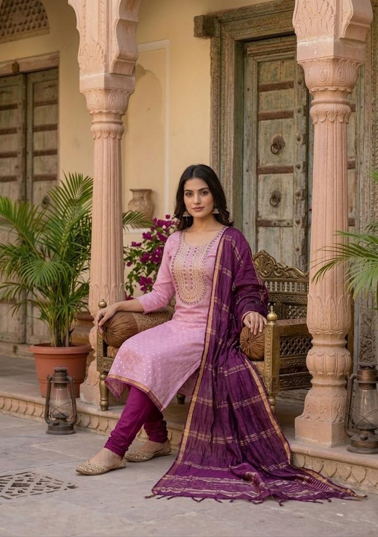 Pink Embroidery Shimmer Salwar Kameez - Indya