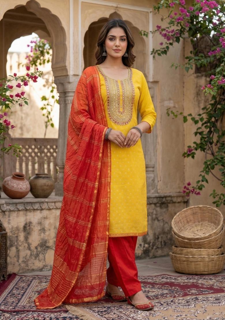 Yellow Embroidery Shimmer Salwar Kameez - Indya