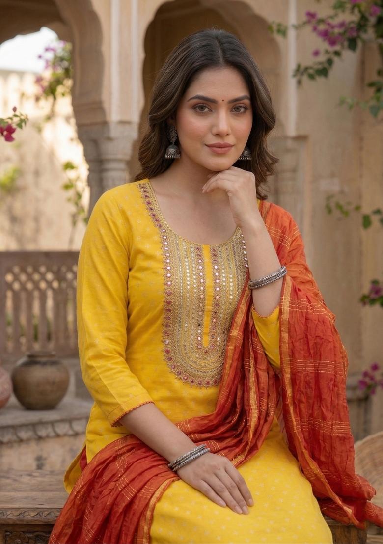 Yellow Embroidery Shimmer Salwar Kameez - Indya