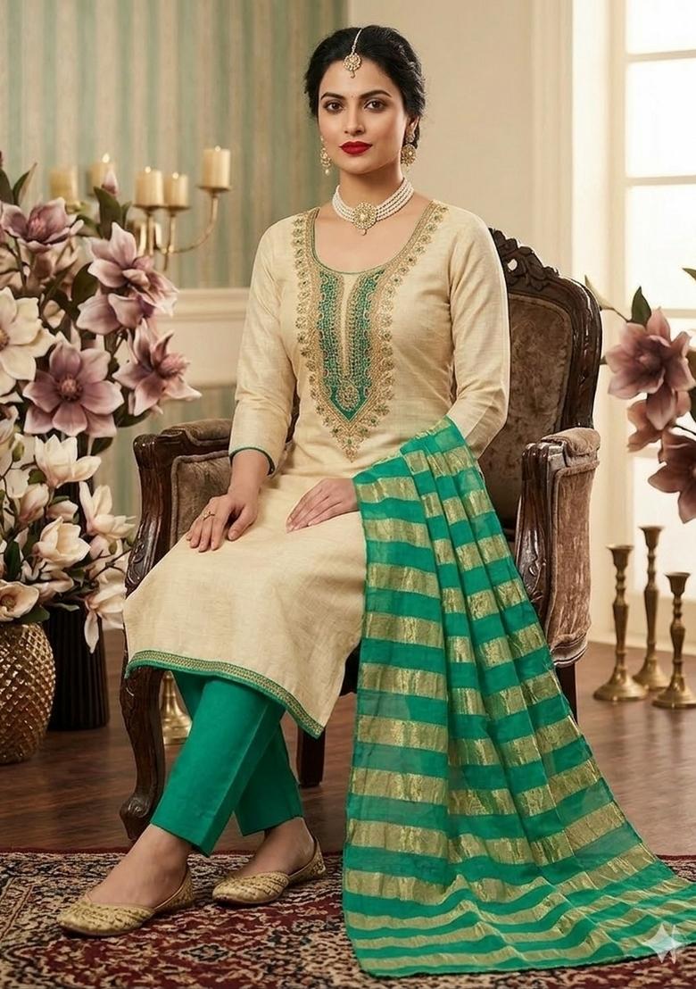 Cream Embroidery Cotton Salwar Kameez - Indya