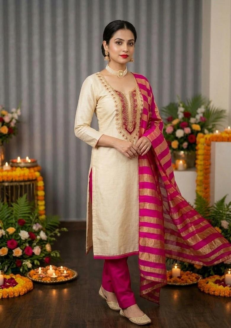 Cream Embroidery Cotton Salwar Kameez - Indya