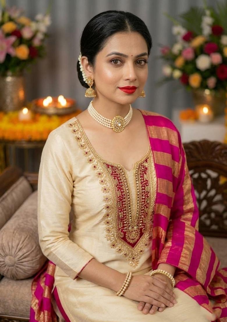 Cream Embroidery Cotton Salwar Kameez - Indya