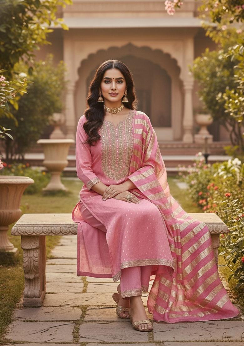 Peach Embroidery Shimmer Salwar Kameez - Indya