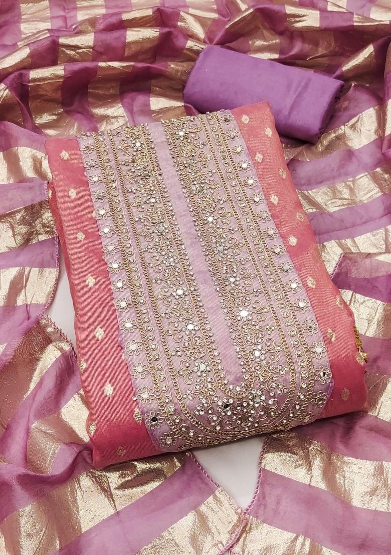 Peach Embroidery Shimmer Salwar Kameez - Indya