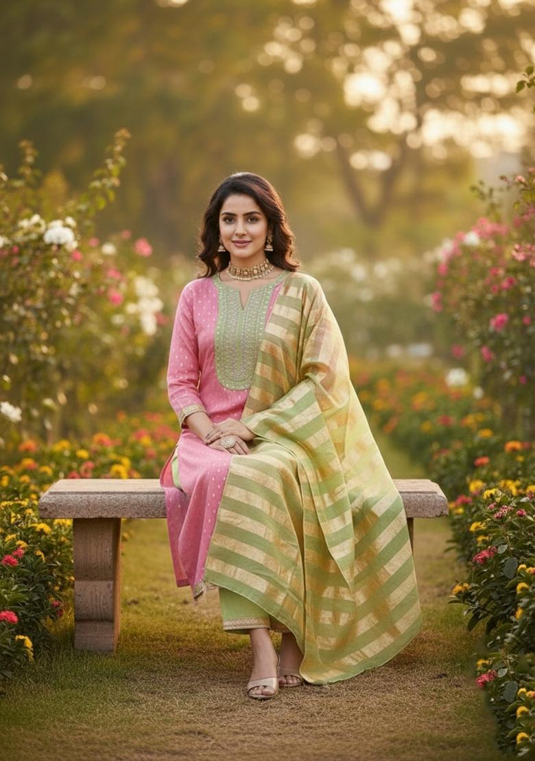 Peach Embroidery Shimmer Salwar Kameez - Indya