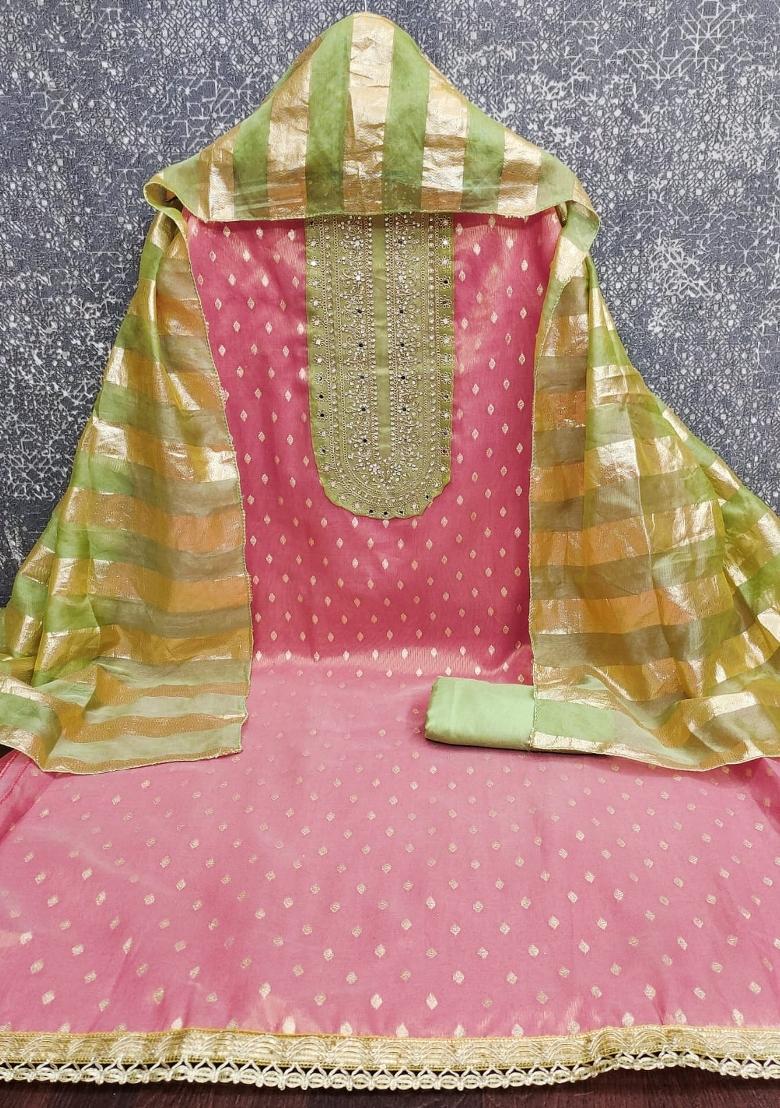 Peach Embroidery Shimmer Salwar Kameez - Indya