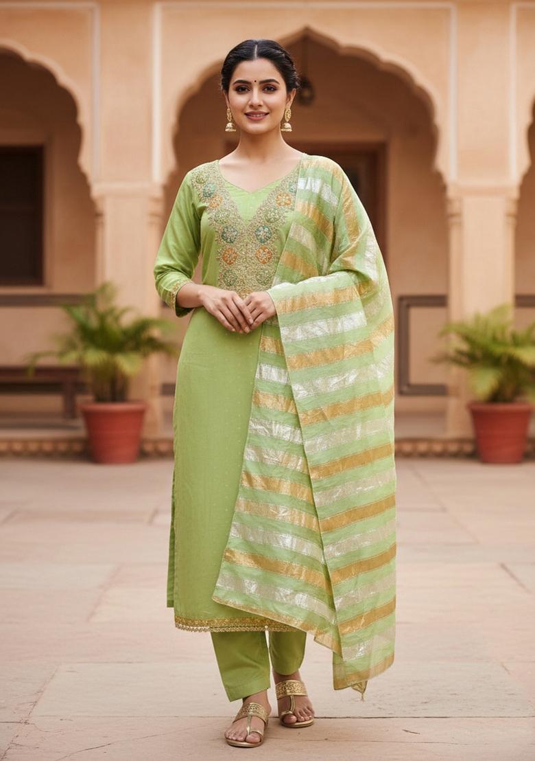 Pista Green Embroidery Chanderi Salwar Kameez - Indya