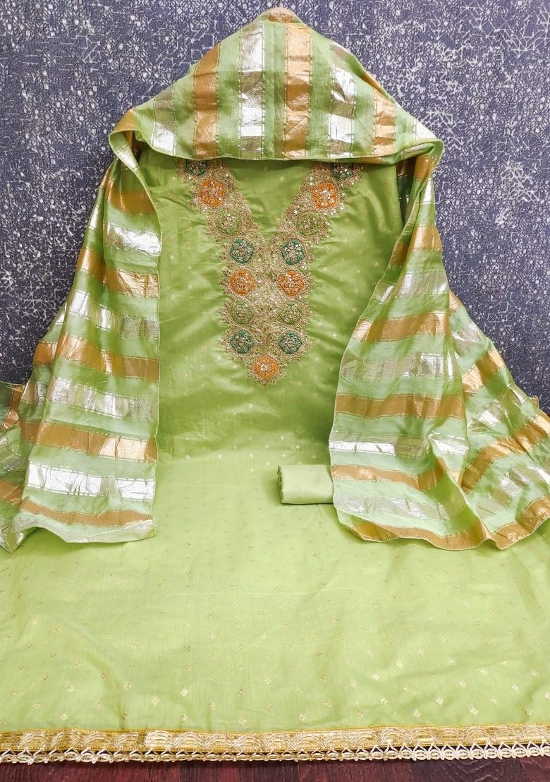 Pista Green Embroidery Chanderi Salwar Kameez - Indya