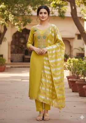Mustard Embroidery Chanderi Salwar Kameez