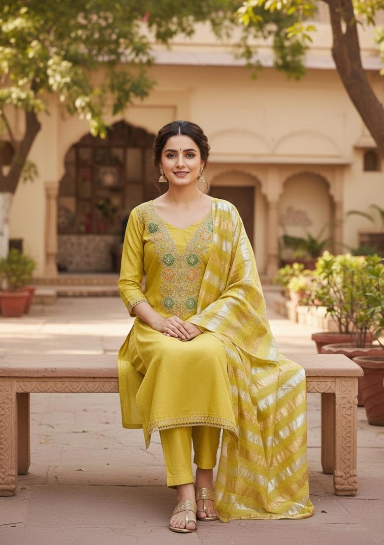 Mustard Embroidery Chanderi Salwar Kameez - Indya