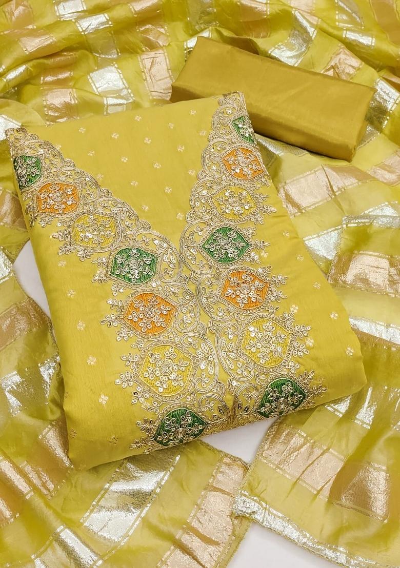 Mustard Embroidery Chanderi Salwar Kameez - Indya