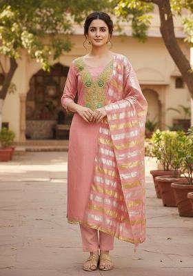 Peach Embroidery Chanderi Salwar Kameez