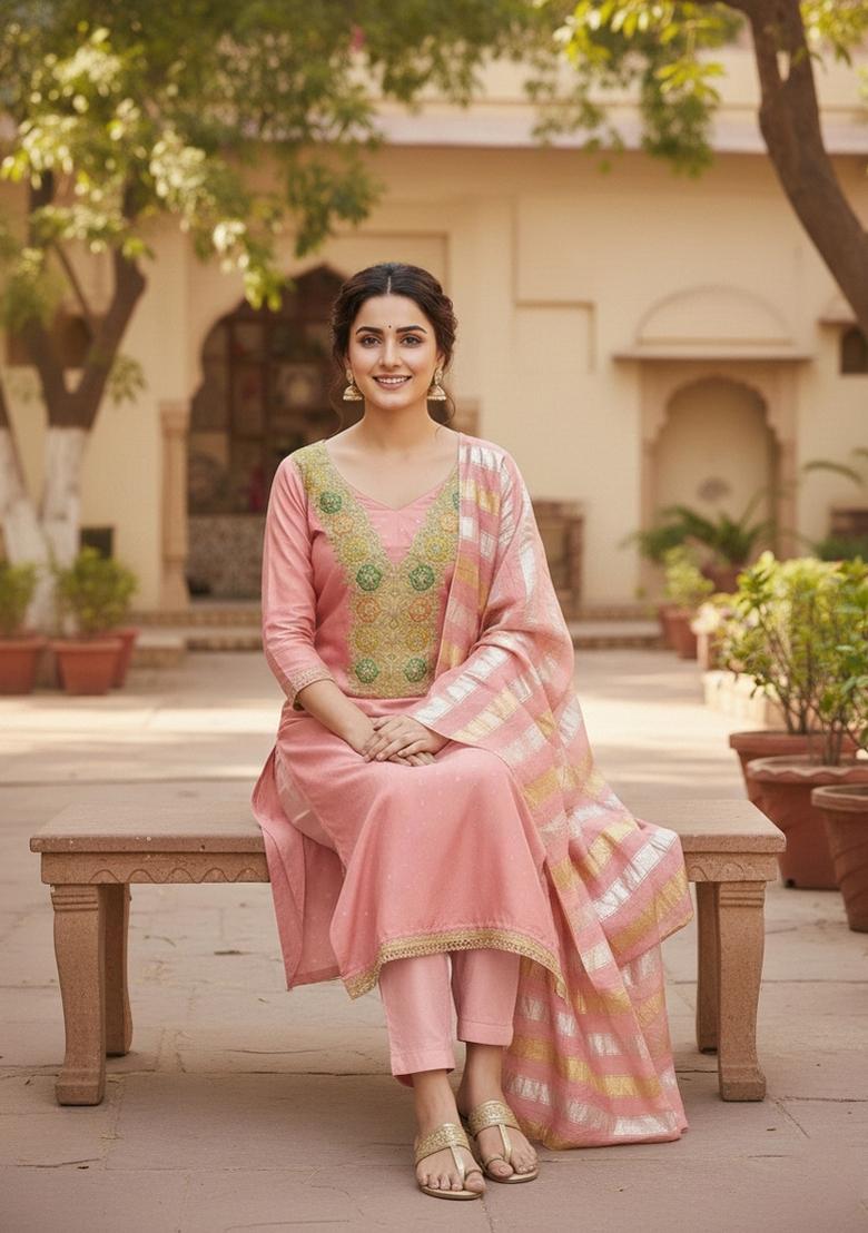 Peach Embroidery Chanderi Salwar Kameez - Indya