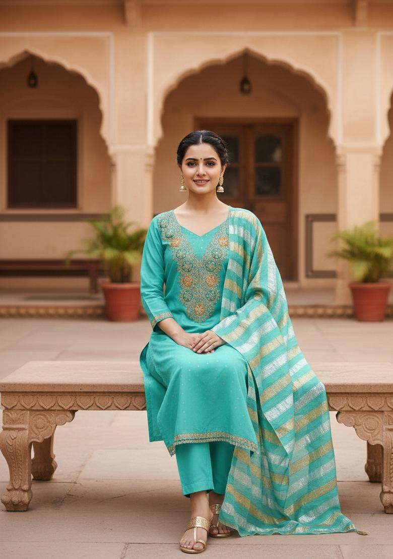 Sea Green Embroidery Chanderi Salwar Kameez - Indya