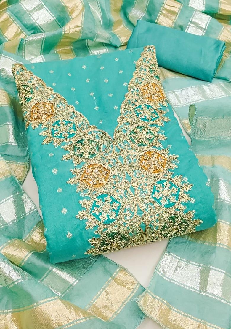 Sea Green Embroidery Chanderi Salwar Kameez - Indya