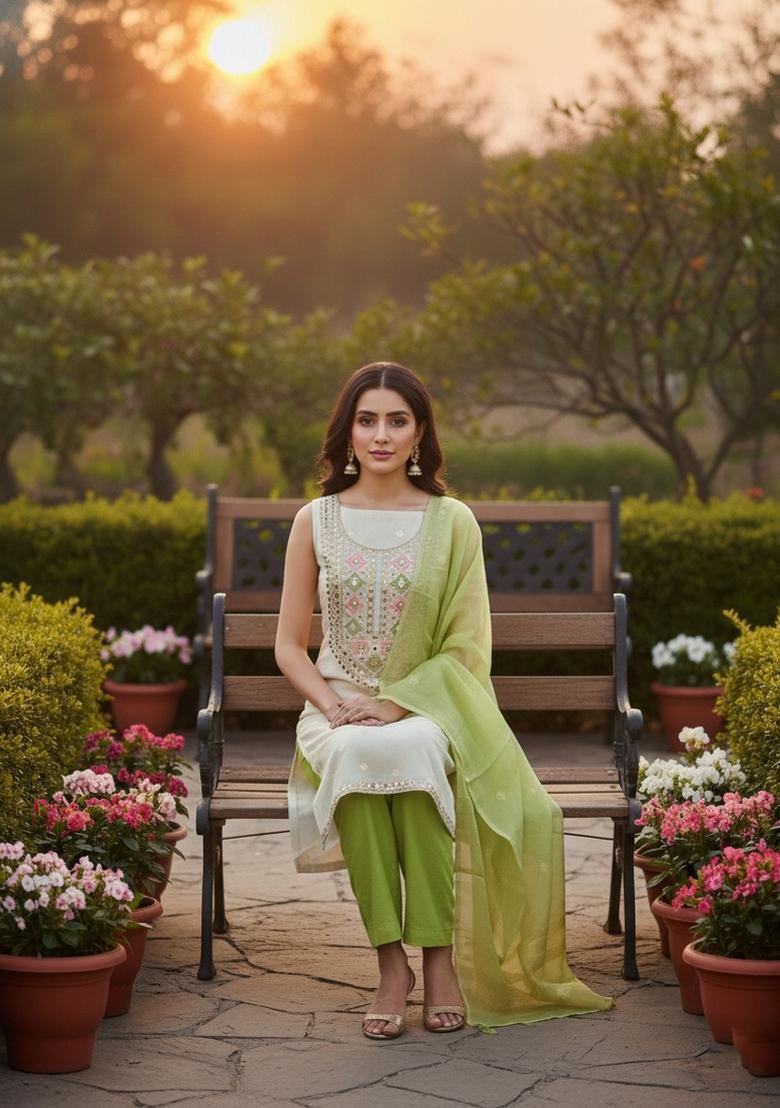 Cream Embroidery Shimmer Salwar Kameez - Indya