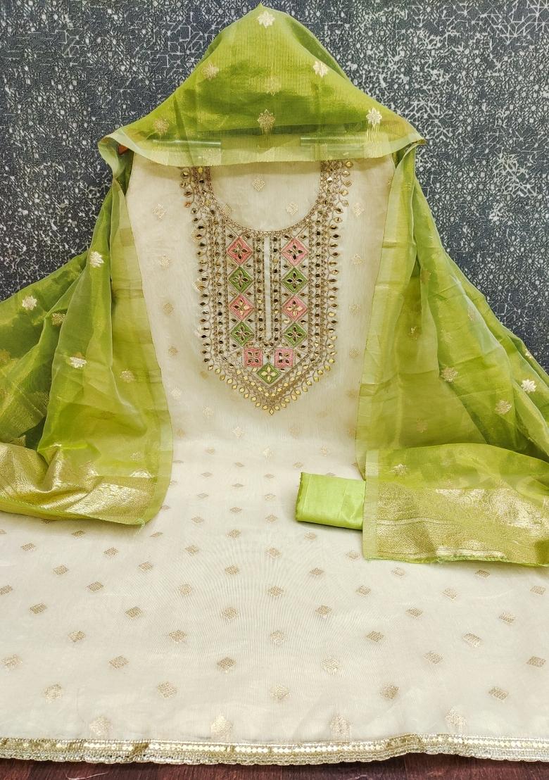 Cream Embroidery Shimmer Salwar Kameez - Indya