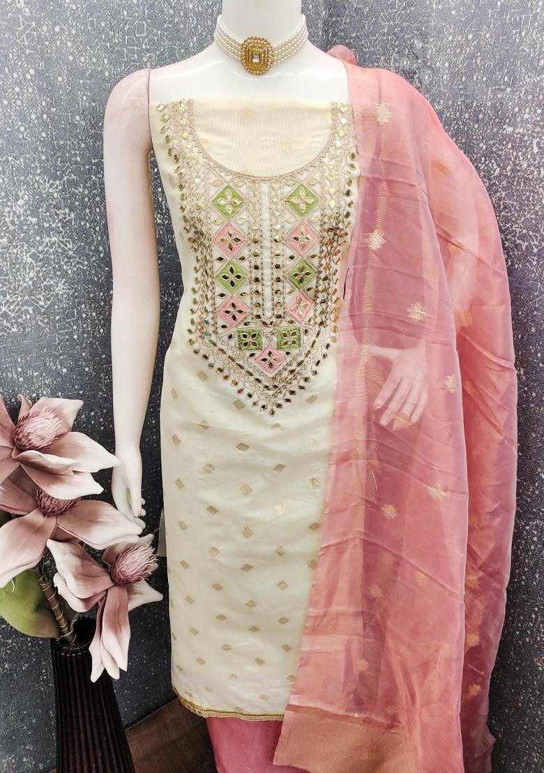 Cream Embroidery Shimmer Salwar Kameez - Indya