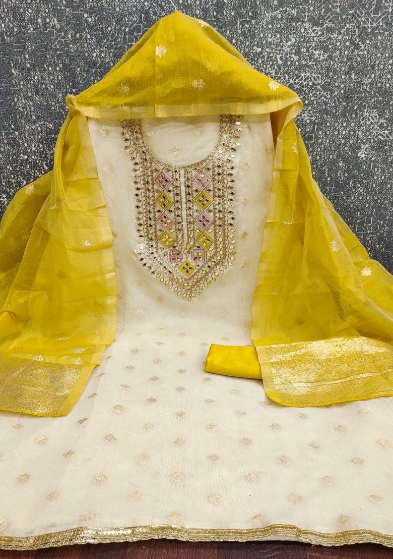 Cream Embroidery Shimmer Salwar Kameez - Indya