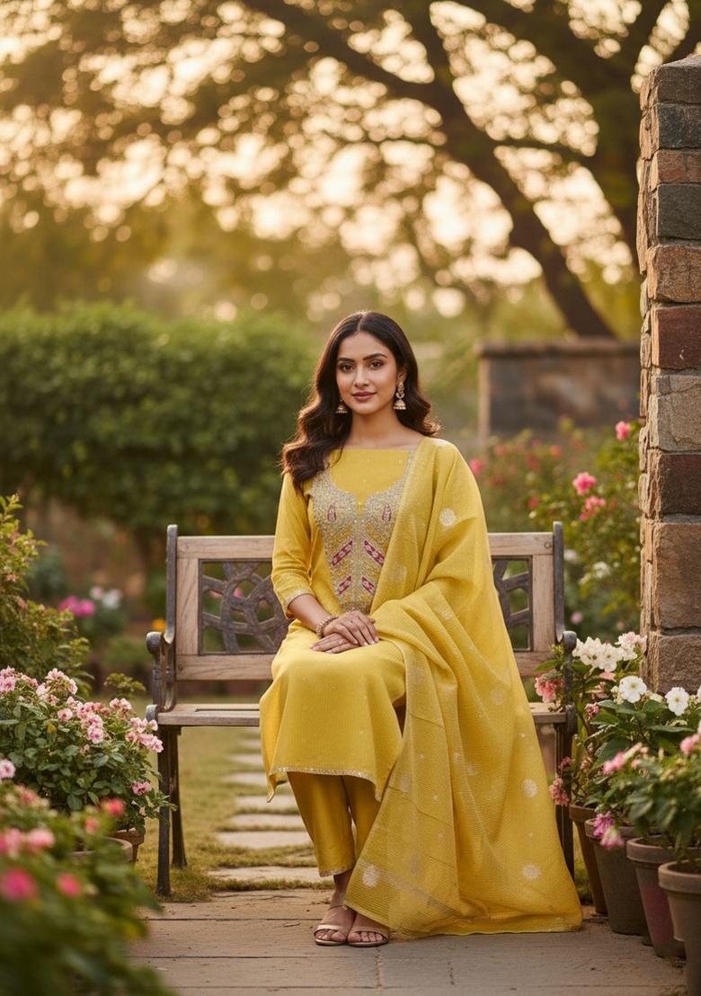 Yellow Embroidery Shimmer Salwar Kameez - Indya