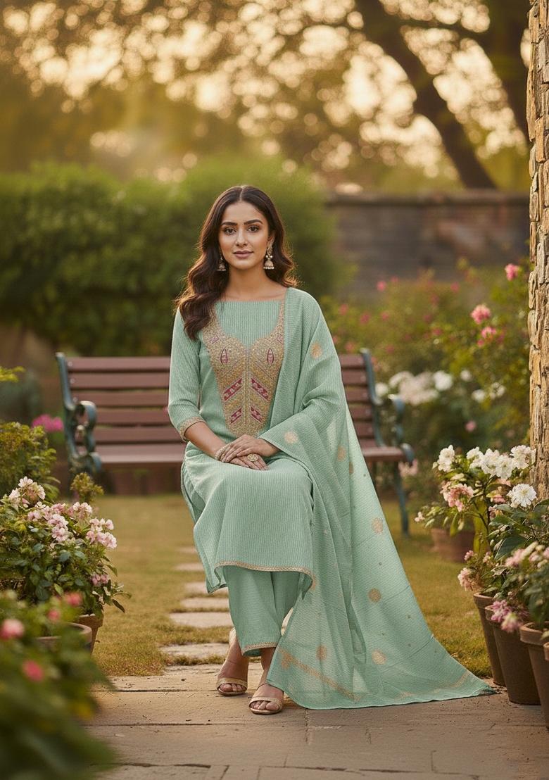 Sea Green Embroidery Shimmer Salwar Kameez - Indya