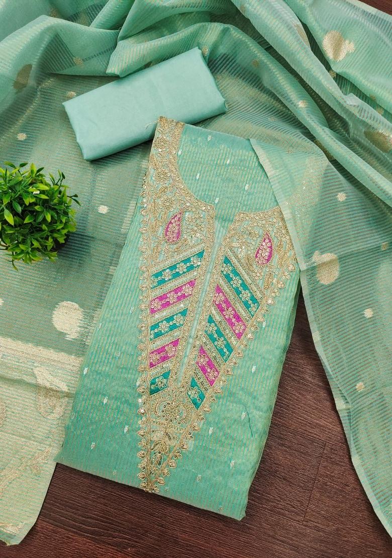 Sea Green Embroidery Shimmer Salwar Kameez - Indya