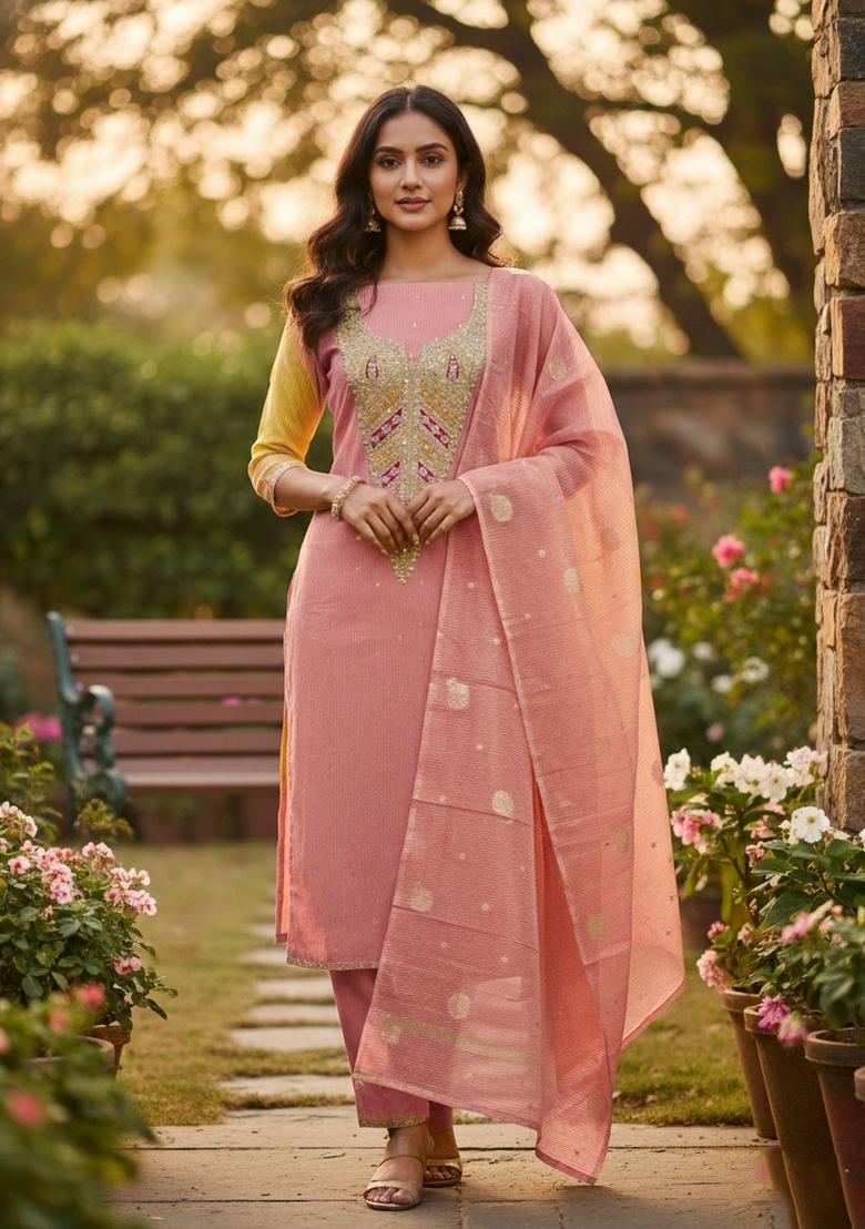 Peach Embroidery Shimmer Salwar Kameez - Indya