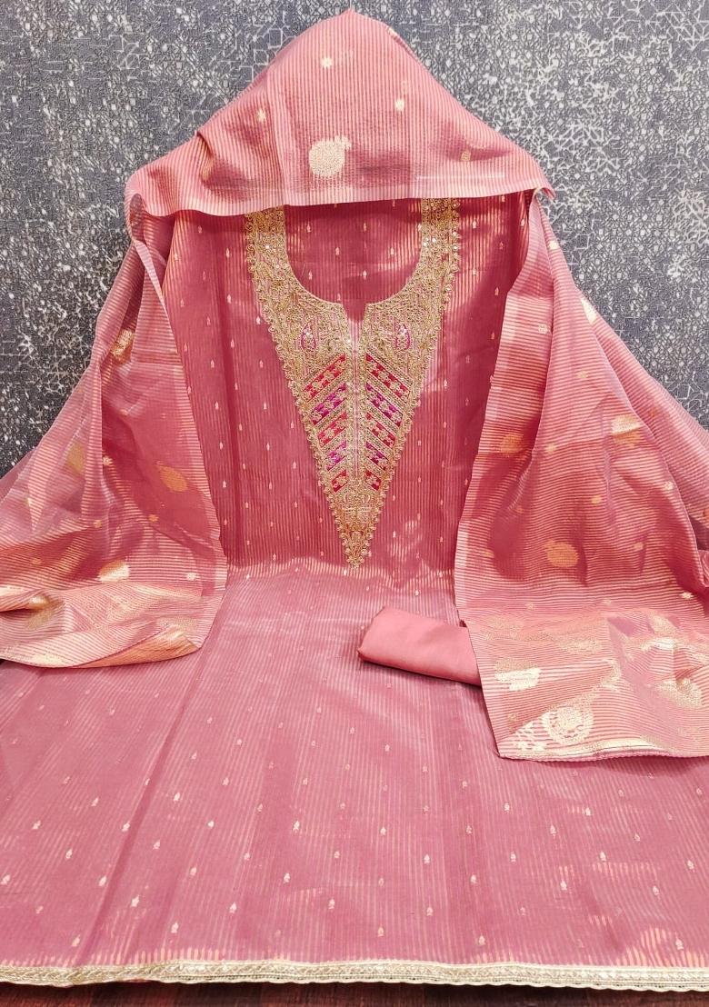 Peach Embroidery Shimmer Salwar Kameez - Indya