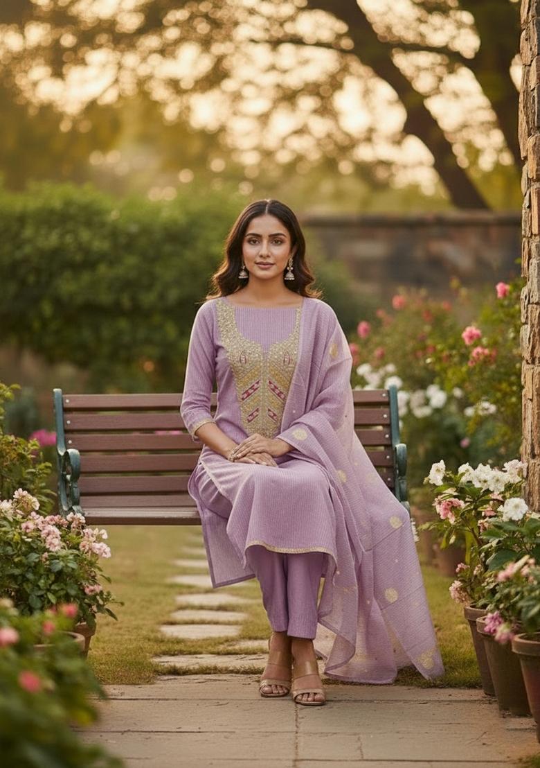 Lavender Embroidery Shimmer Salwar Kameez - Indya