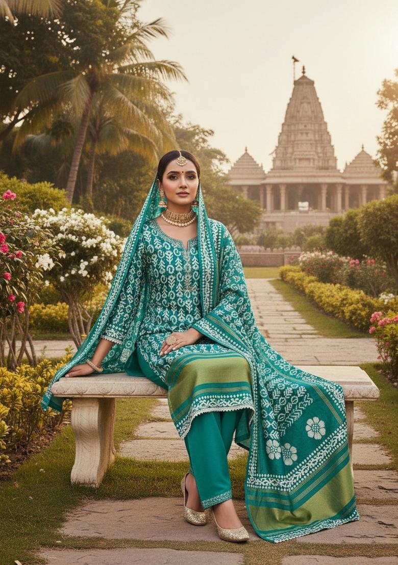 Sea Green Embroidery Silk Salwar Kameez - Indya
