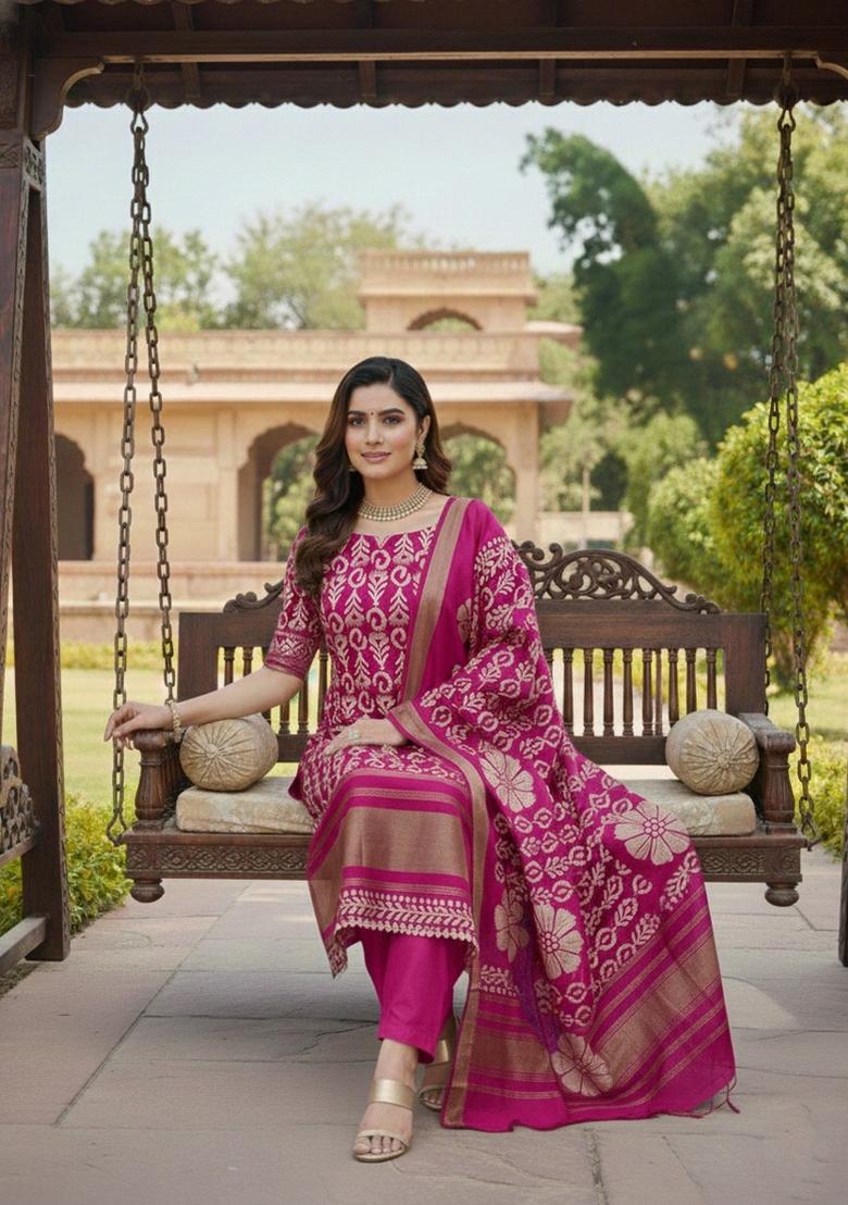 Magenta Embroidery Silk Salwar Kameez - Indya