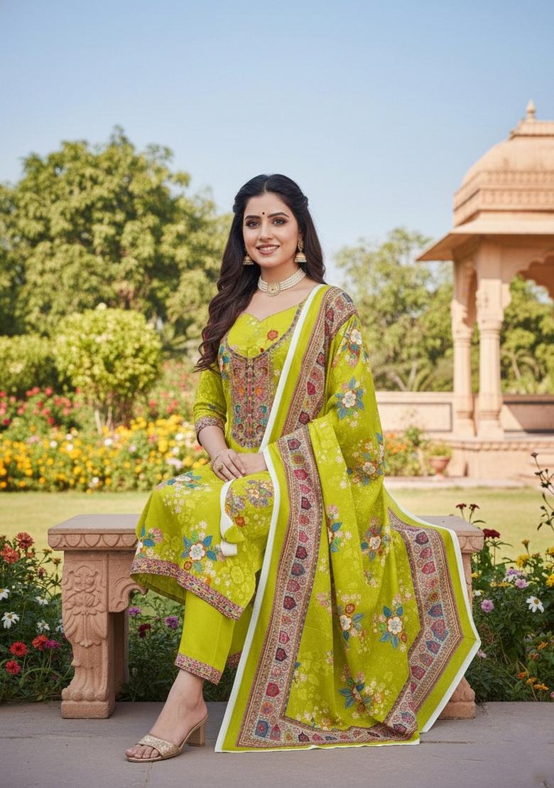 Parrot Green Embroidery Chinon Salwar Kameez - Indya
