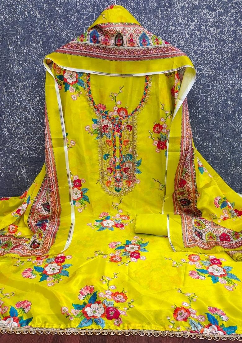 Parrot Green Embroidery Chinon Salwar Kameez - Indya