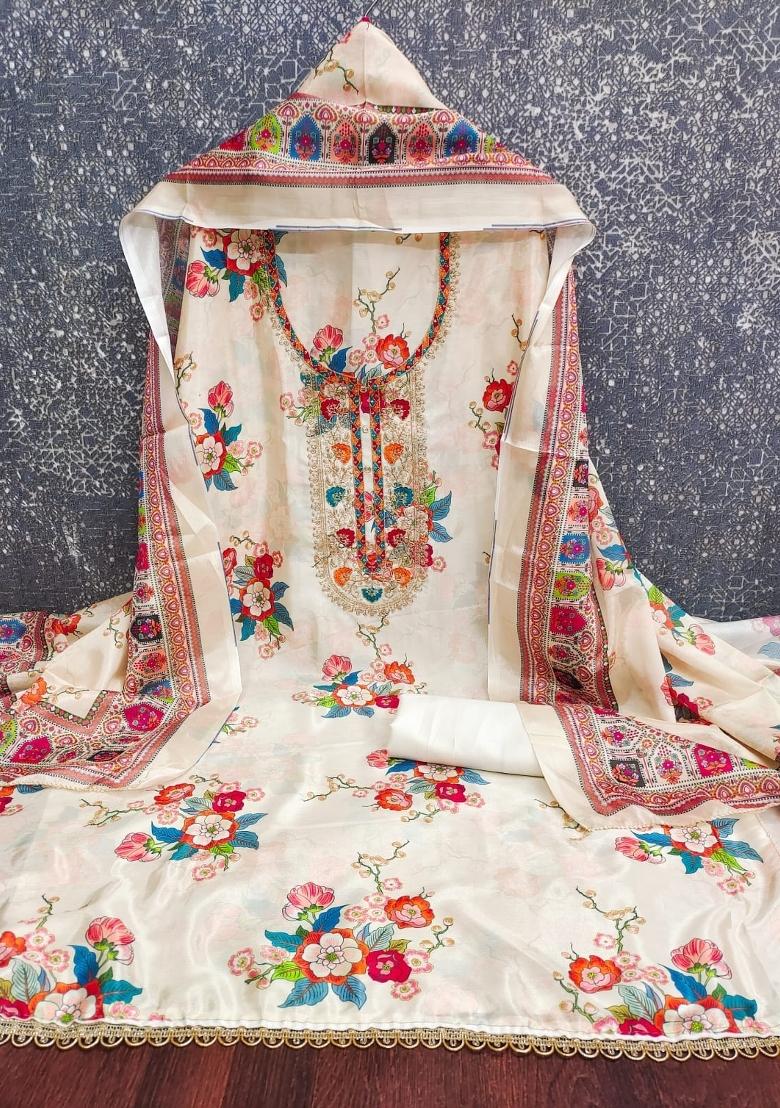 Cream Embroidery Chinon Salwar Kameez - Indya