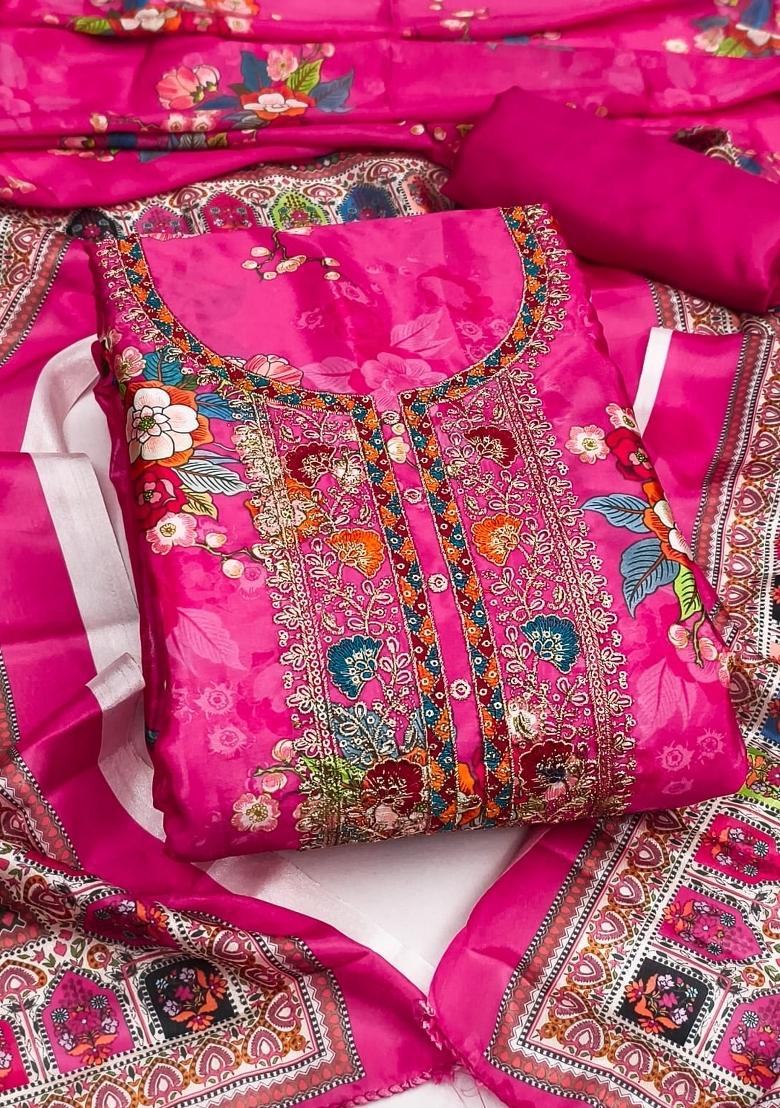 Magenta Embroidery Chinon Salwar Kameez - Indya