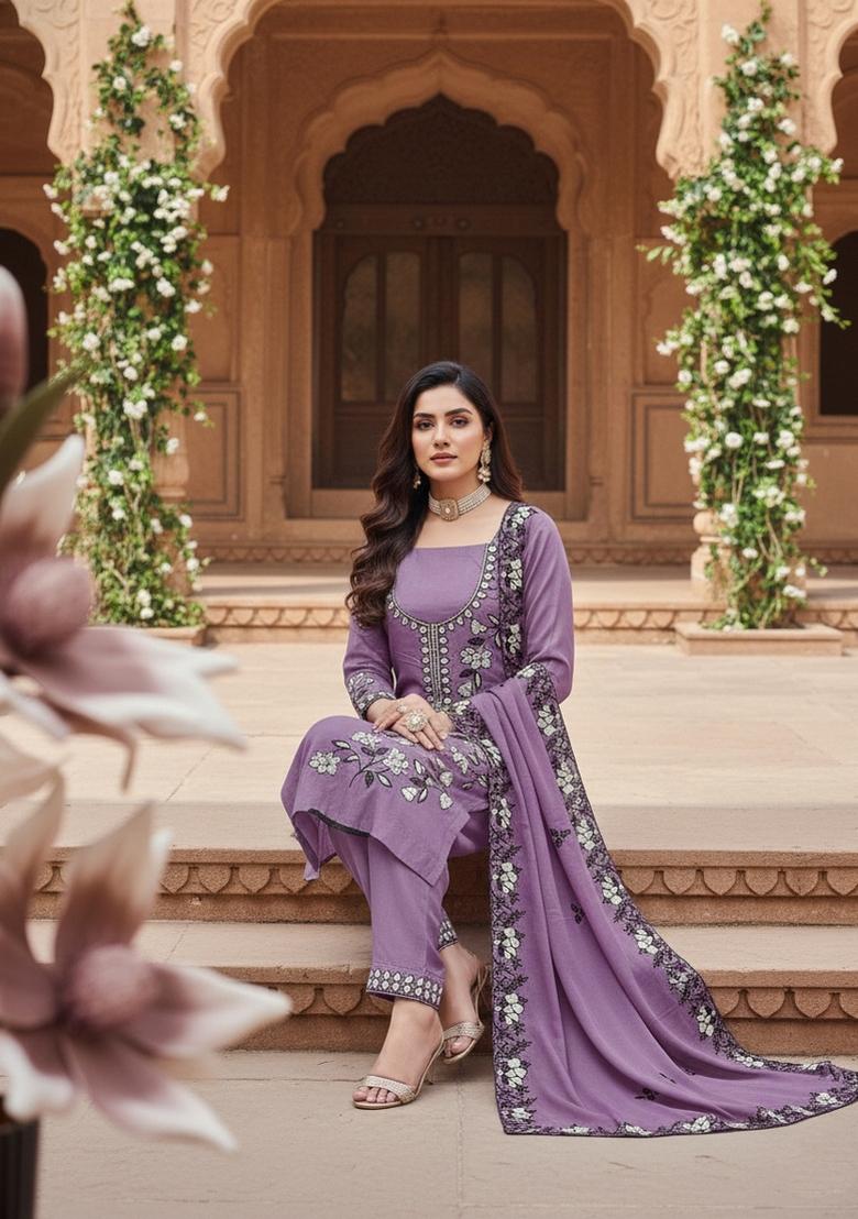Lavender Embroidery Georgette Salwar Kameez - Indya