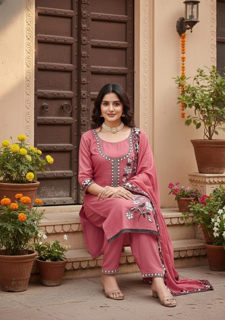 Peach Embroidery Georgette Salwar Kameez - Indya
