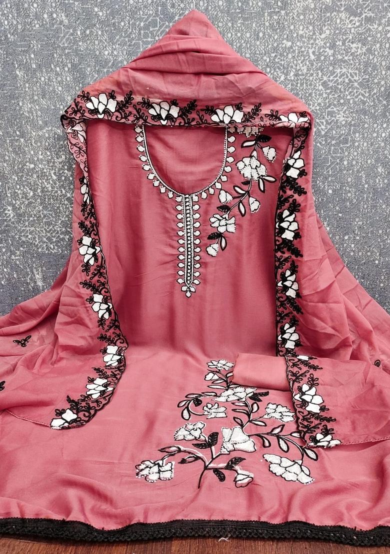 Peach Embroidery Georgette Salwar Kameez - Indya