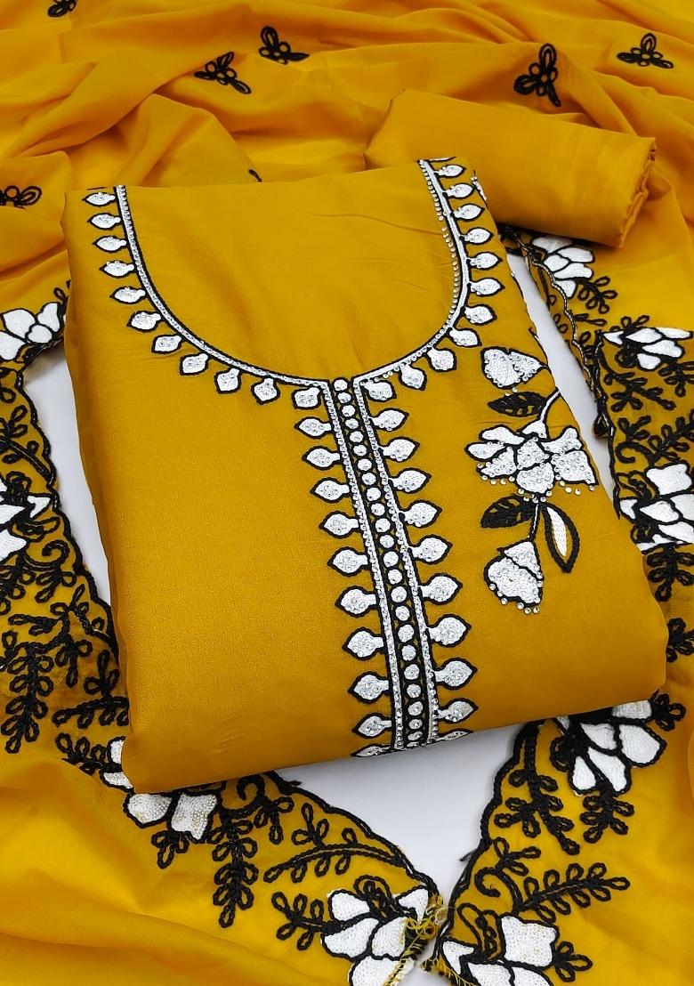 Yellow Embroidery Georgette Salwar Kameez - Indya
