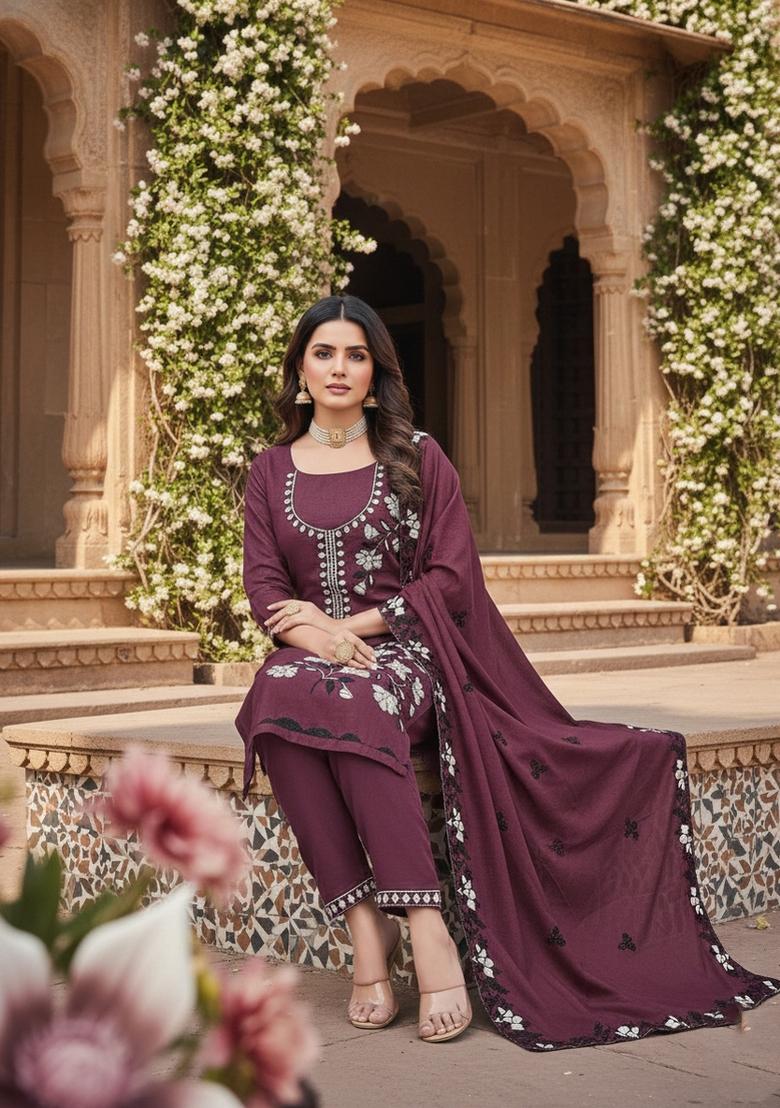 Wine Embroidery Georgette Salwar Kameez - Indya