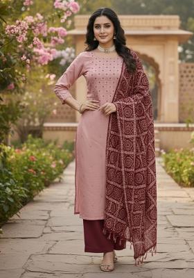 Peach Embroidery Silk Salwar Kameez