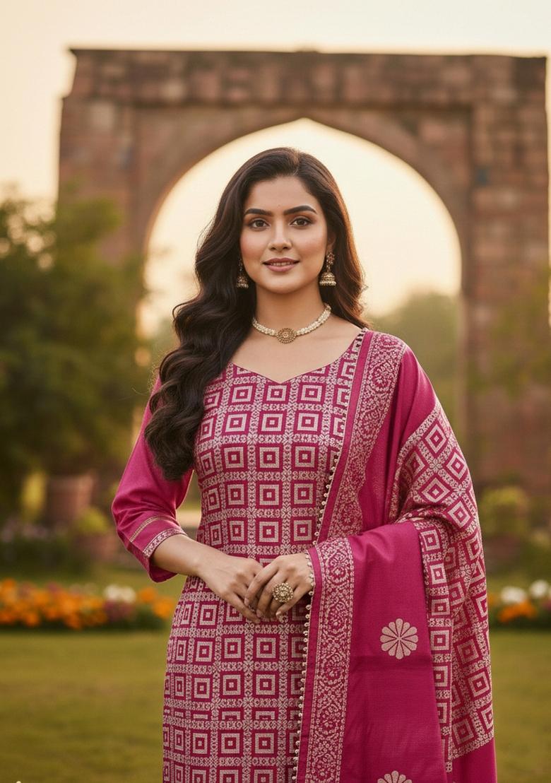 Magenta Embroidery Silk Salwar Kameez - Indya