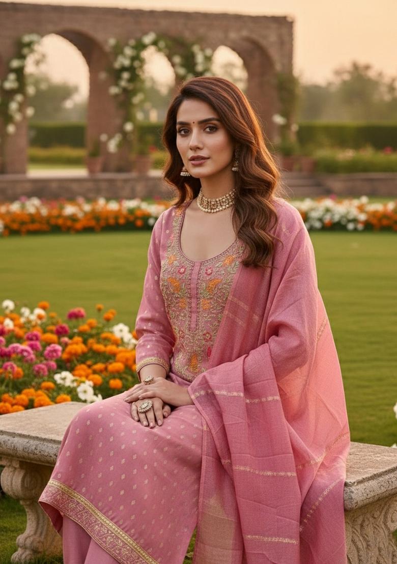 Peach Embroidery Shimmer Salwar Kameez - Indya