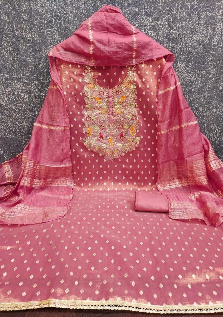 Peach Embroidery Shimmer Salwar Kameez - Indya