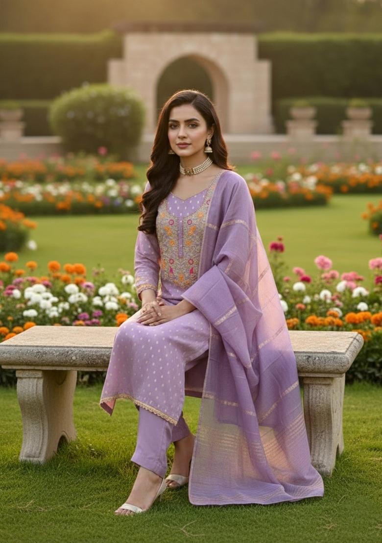 Lavender Embroidery Shimmer Salwar Kameez - Indya