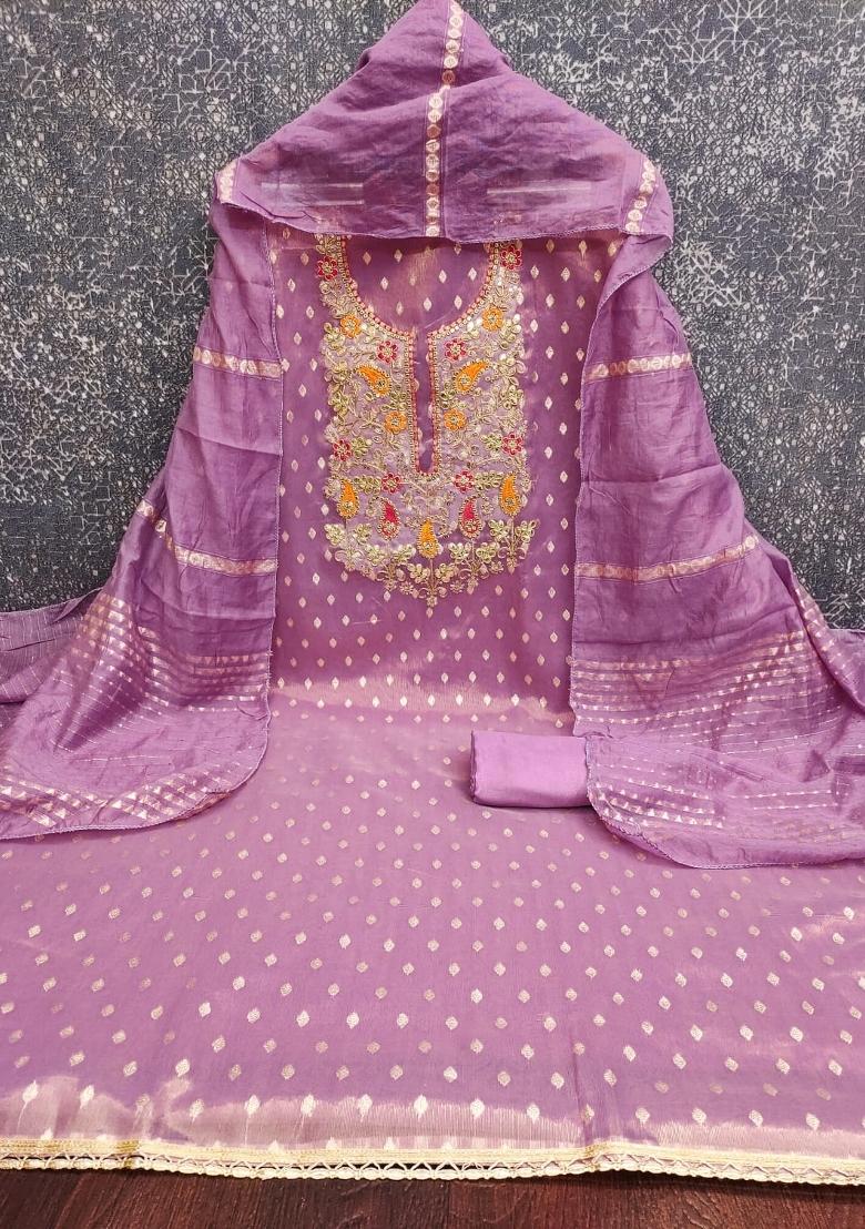 Lavender Embroidery Shimmer Salwar Kameez - Indya