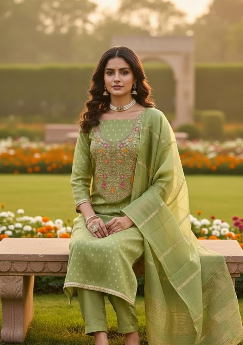 Pista Green Embroidery Shimmer Salwar Kameez - Indya